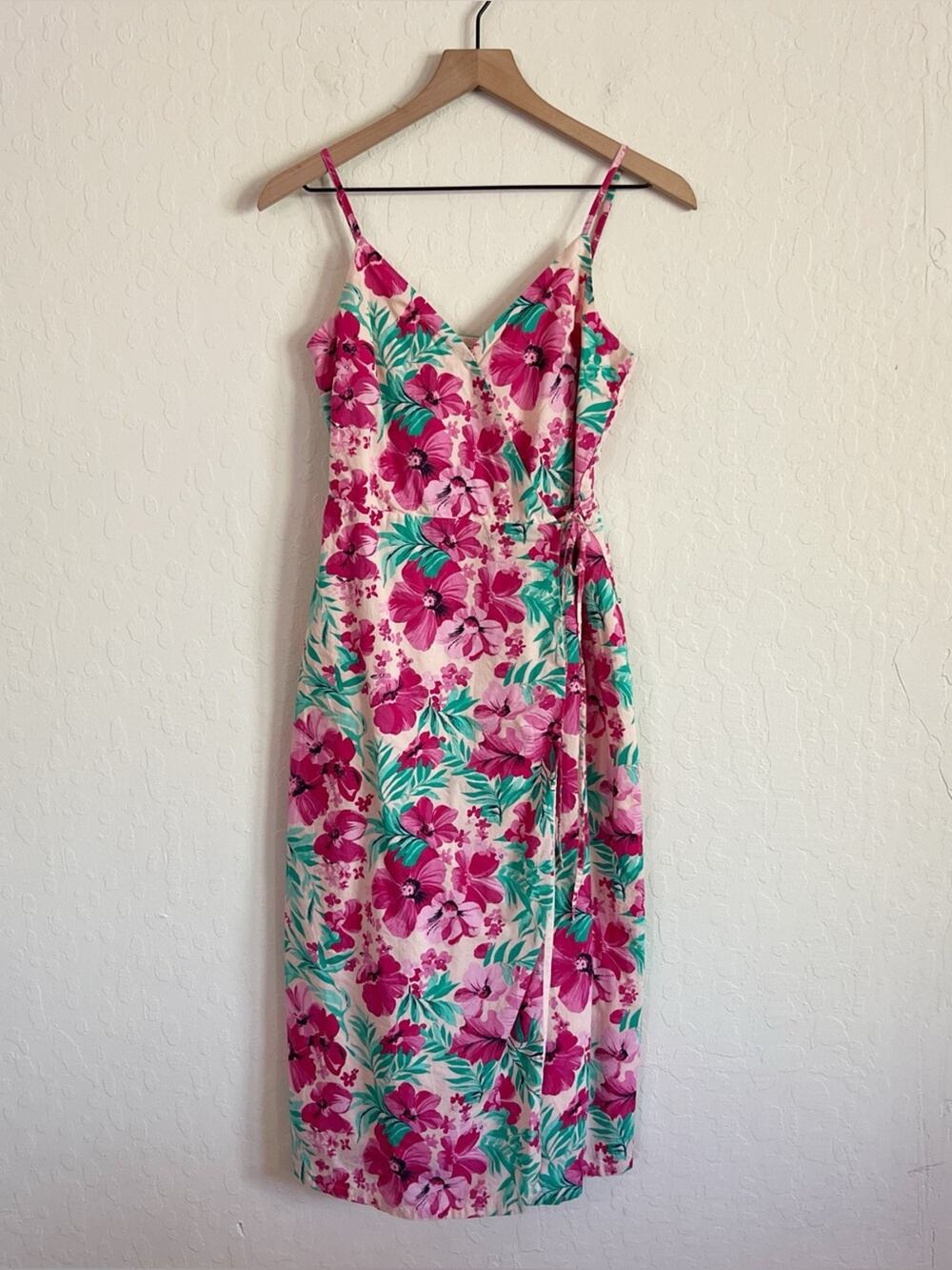 J Crew 100% Cotton Tropical Floral Wrap Midi Dress 0 Pink Green Beach Vacation